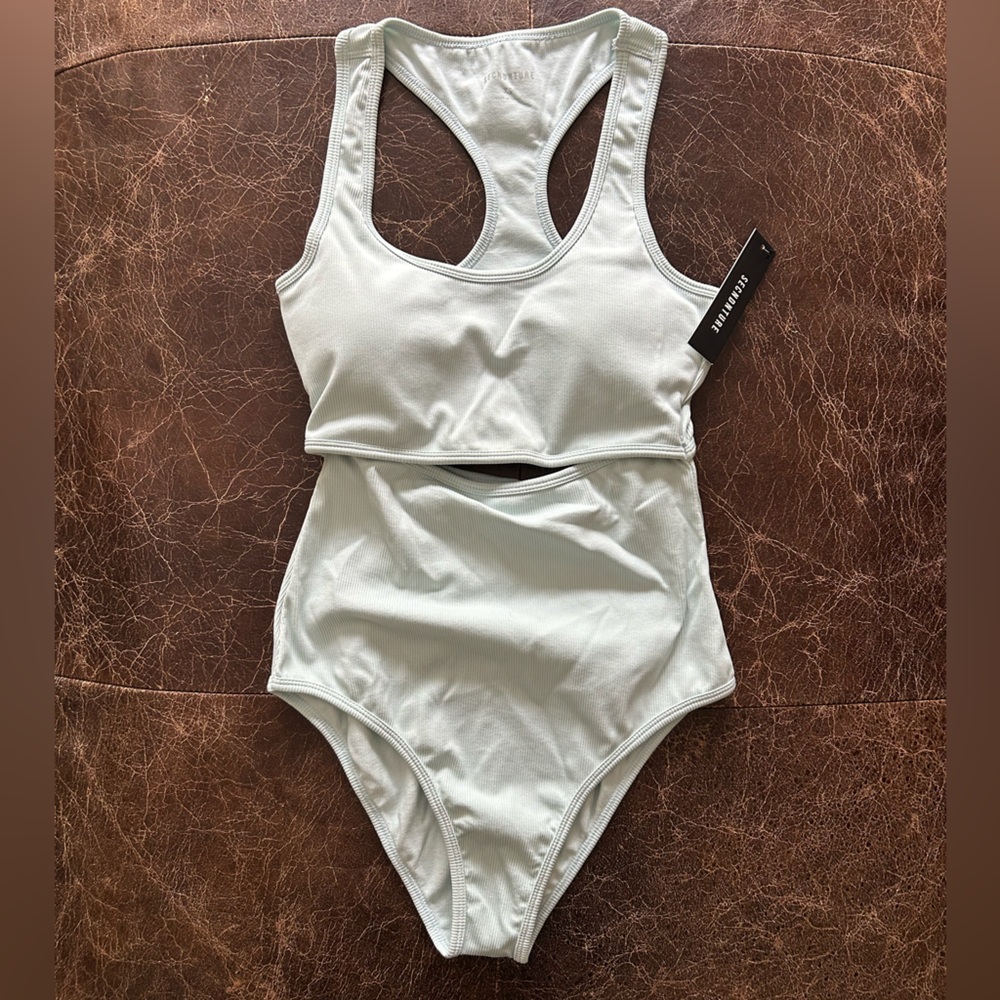 SECNDNTURE by Jordyn Woods Sky Blue Cutout Ribbed Racerback Bodysuit